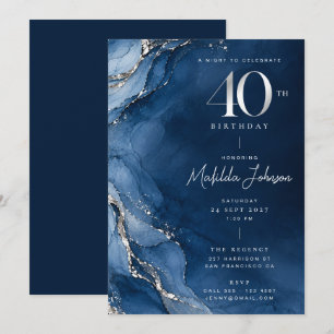 Elegant Agate Silver Navy Blue 40th Birthday Invitation