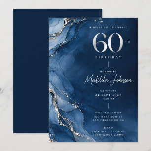 Elegant Agate Silver Navy Blue 60th Birthday Invitation
