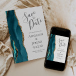 Elegant Agate Teal Blue Gold Save the Date Invitation<br><div class="desc">This elegant modern save the date card features a teal blue watercolor agate border trimmed with faux gold glitter. Easily customise the charcoal grey text on a white background. The reverse side features a matching teal blue and gold agate design.</div>
