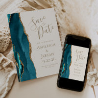 Elegant Agate Teal Gold Ivory Save the Date