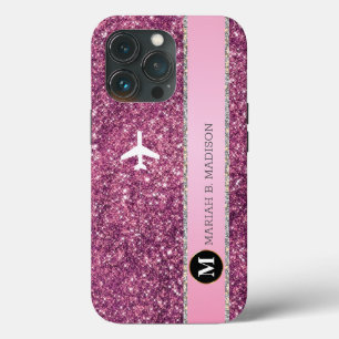 Elegant Airplane Pink Silver Glitter monogram iPhone 13 Pro Case