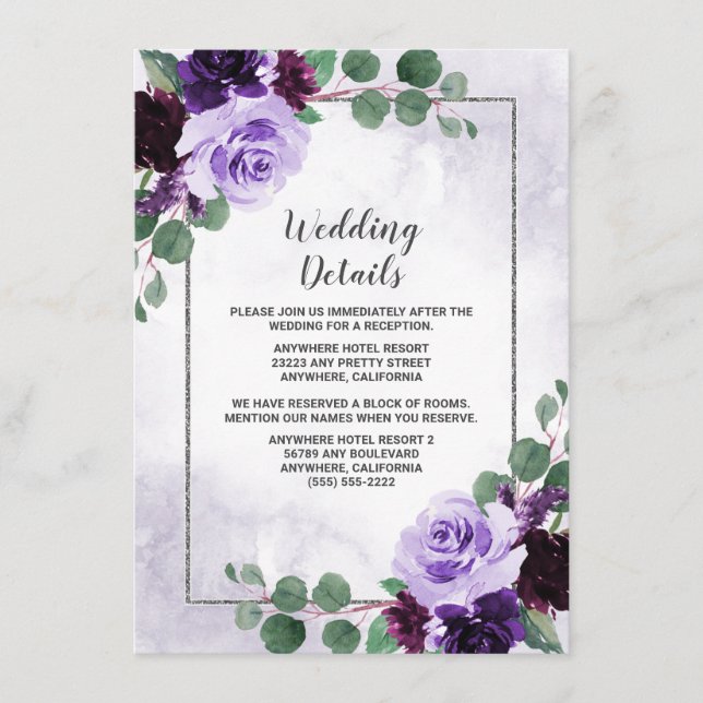 Elegant Airy Boho Floral Purple and Silver Wedding Enclosure Card (Front)