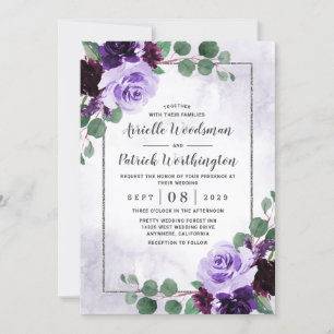 Elegant Airy Boho Floral Purple and Silver Wedding Invitation