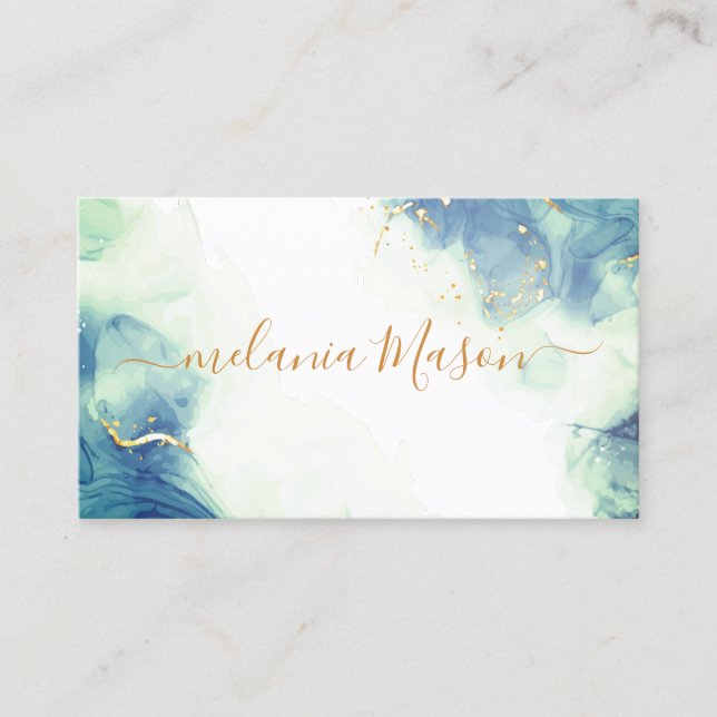 Elegant Alcohol Ink Gold Blue Turquoise Trendy Business Card (Front)