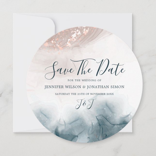 Elegant Alcohol Ink Gold Blush Blue Minimal Modern Save The Date (Front)