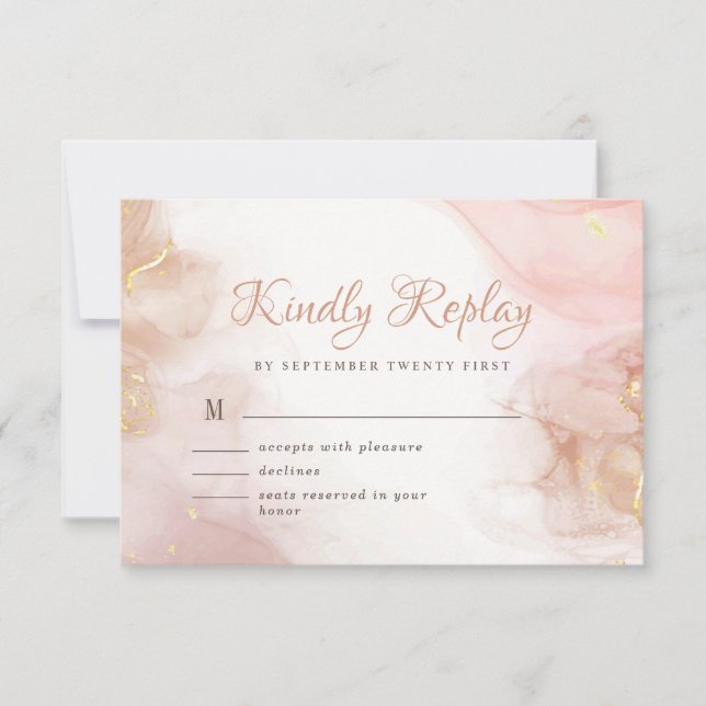 Elegant Alcohol Ink Gold Blush Pink Minimal Modern RSVP Card (Front)