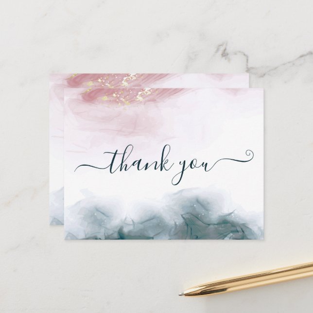 Elegant AlcoholInk Blush Blue Watercolor Thank You Postcard (Front/Back In Situ)