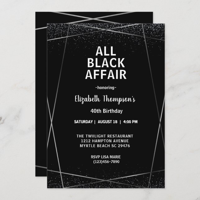 Elegant All Black Affair 40th Birthday Celebration Invitation (Front/Back)
