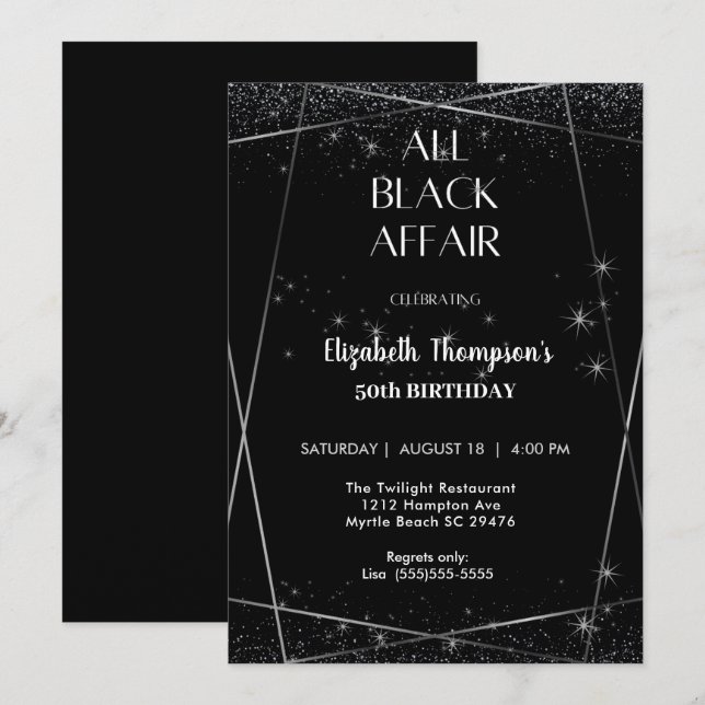 Elegant All Black Affair 50th Birthday Celebration Invitation (Front/Back)