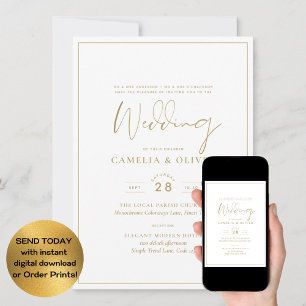 Elegant All-in-1 Classic Gold Text White Wedding Invitation