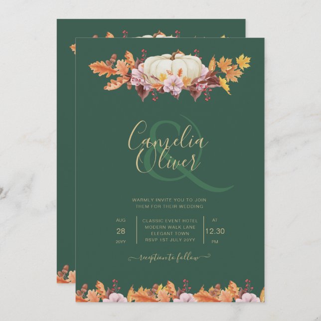 ELEGANT All-in-1 Fall Pumpkin Green Gold Wedding Invitation (Front/Back)