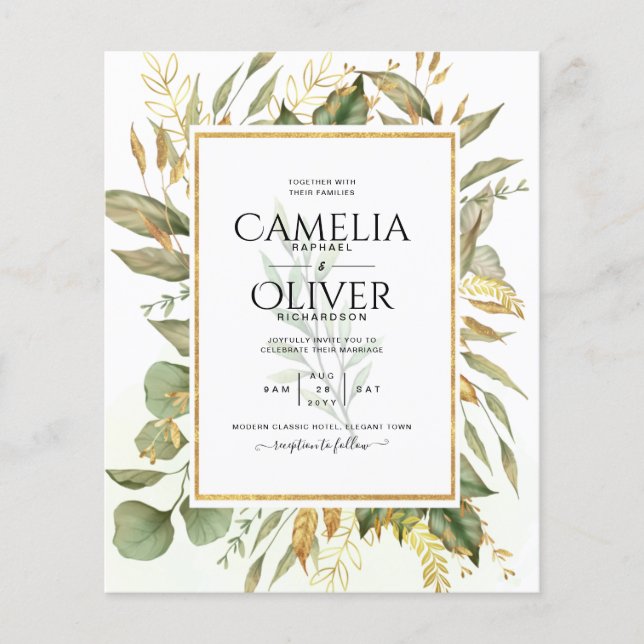 Elegant All-in-1 Greenery Gold Leaves  Wedding Flyer (Front)