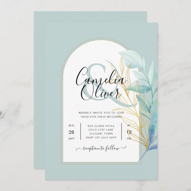 ELEGANT All-in-1 Sea Glass Gold Leaf Sage Wedding Invitation (Front/Back)