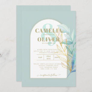ELEGANT All-in-1 Sea Glass Gold Leaf Sage Wedding Invitation