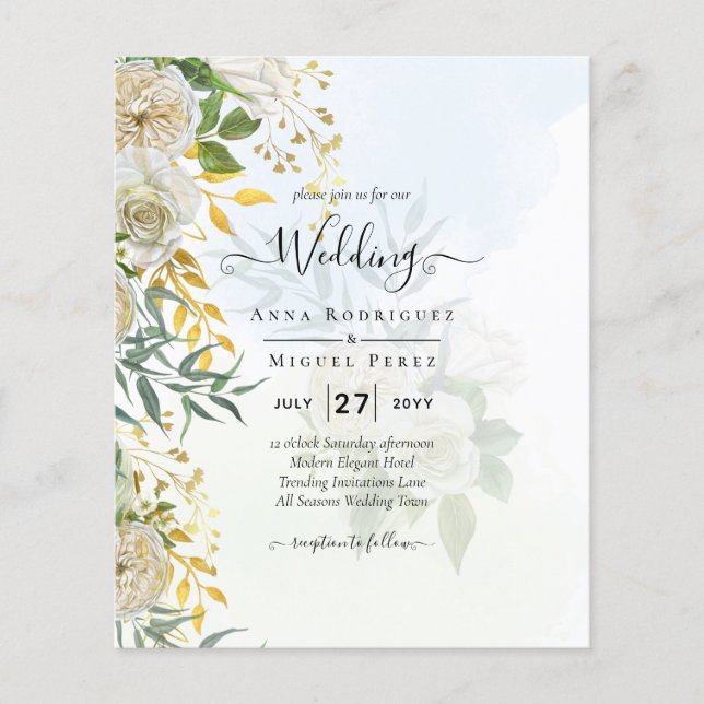 Elegant All-in-1 White Roses Botanical Wedding Flyer (Front)