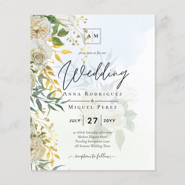 Elegant All-in-1 White Roses Botanical Wedding Flyer (Front)