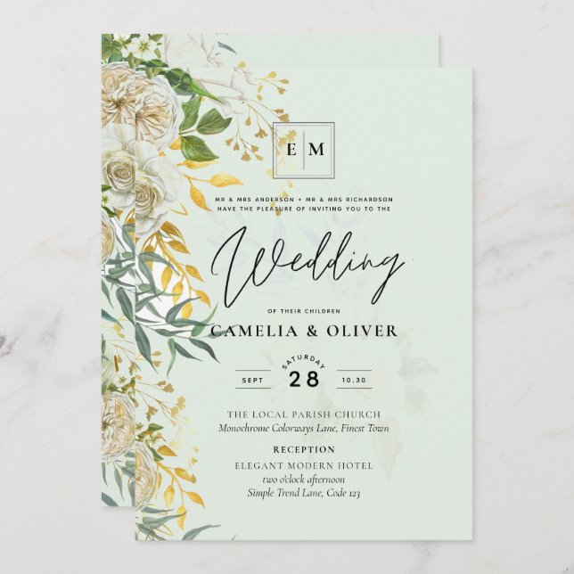 Elegant All-in-1 White Roses Botanical Wedding Inv Invitation (Front/Back)