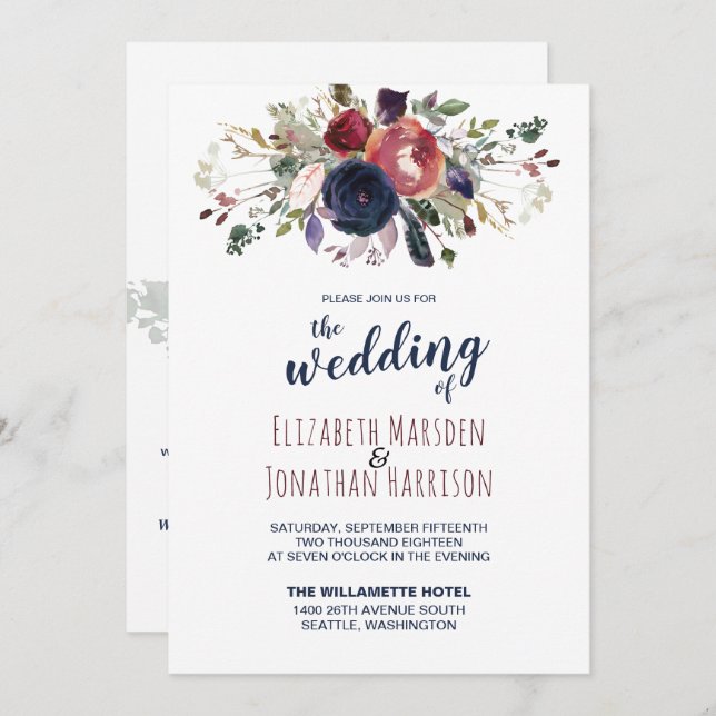 Elegant All In One Burgundy Navy Rose Gold Wedding Invitation (Front/Back)