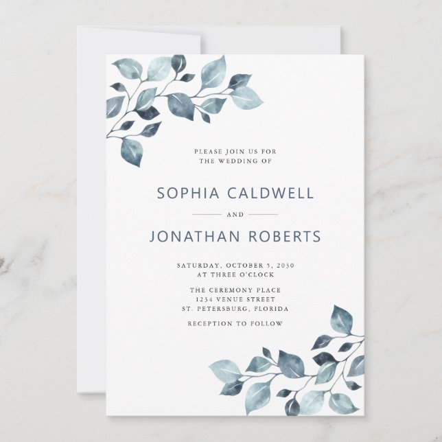 Elegant All in One Dusty Blue Eucalyptus Wedding  Invitation (Front)
