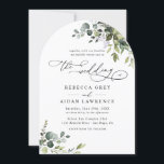 Elegant All In One Greenery Arched Wedding Invitation<br><div class="desc">This elegant collection features mixed watercolor greenery leaves paired with a classy serif & delicate sans font in black,  with space to add details on the back. Matching items available.</div>