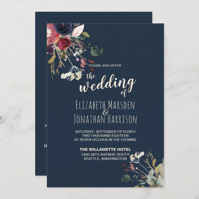 Elegant All In One Navy Burgundy Rose Gold Wedding Invitation (Front/Back)