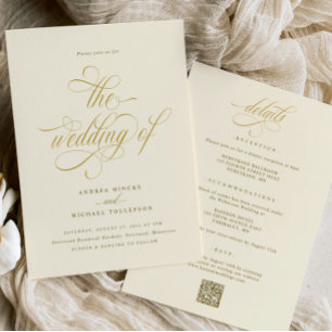 Elegant All in One Wedding Cream Gold Wedding Invitation