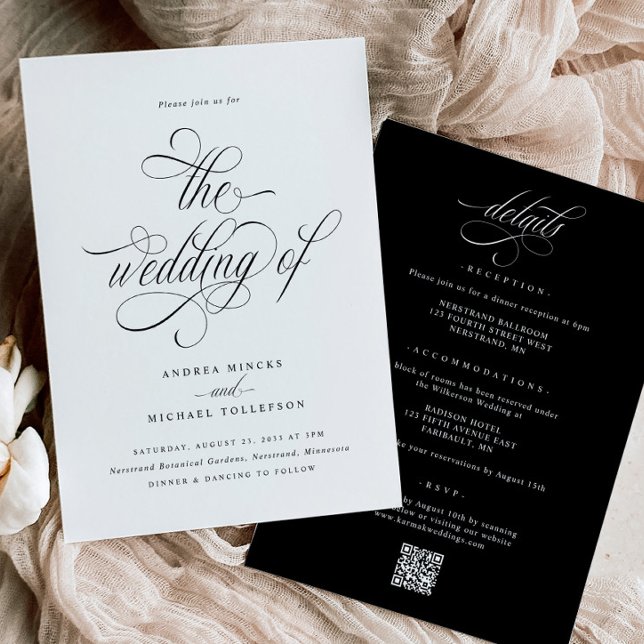 Elegant All in One Wedding Invitation with Details (Elegant Luxury Wedding Invitations - Black & White Luxury Calligraphy Script - Details on Back)