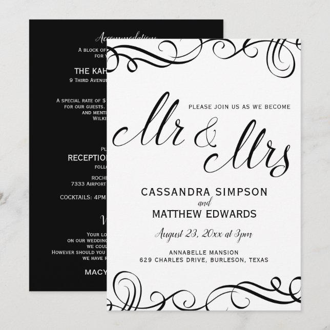 Elegant All in One Wedding Invitations | Black (Front/Back)