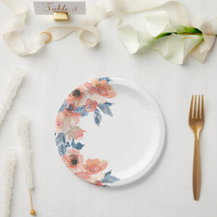 Elegant All Occasion Peach and Blue Roses Floral Paper Plate