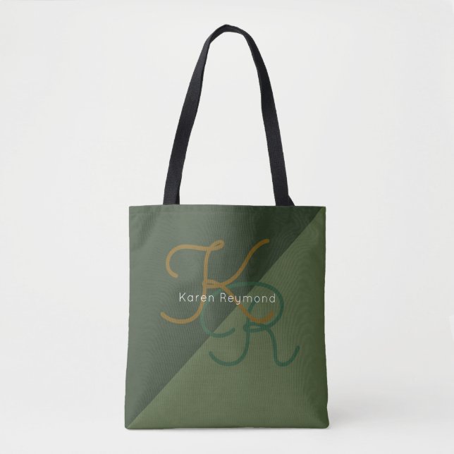 elegant all-over-printed 2-tone green monogrammed tote bag (Front)