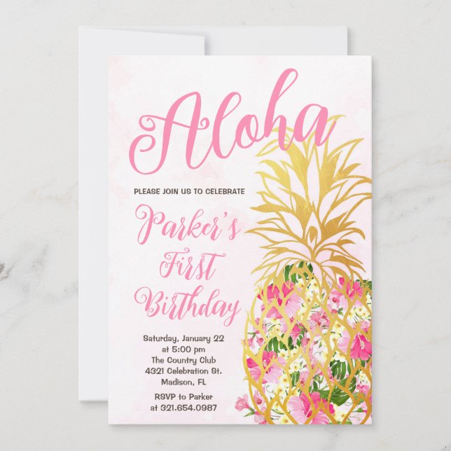 Elegant Aloha Pineapple First Birthday Party Invitation (Front)