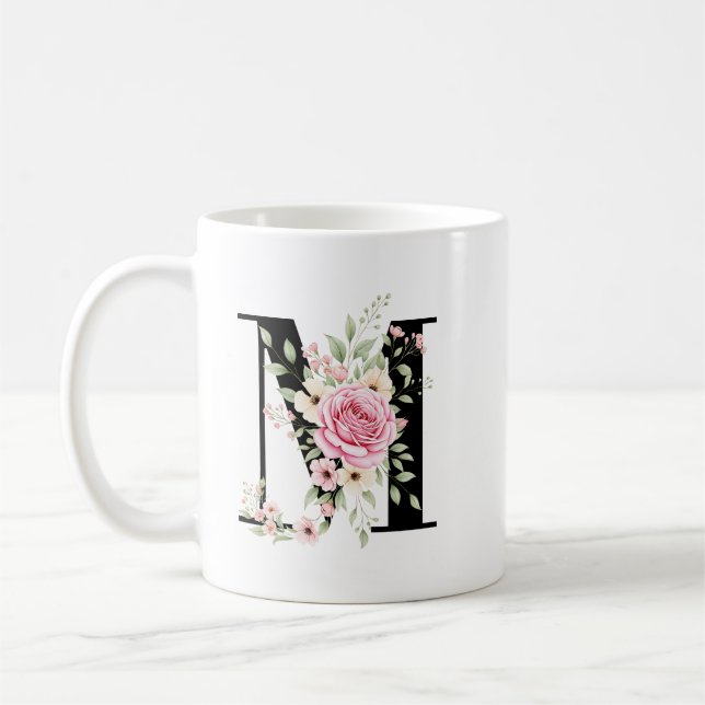 Elegant Alphabet Coffee Cup with Pink Rose Design (Left)