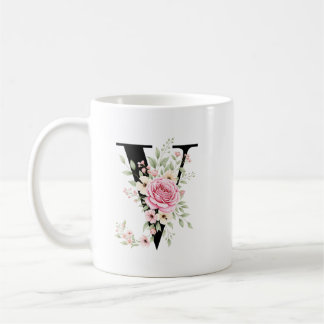 Elegant Alphabet Coffee Cup with Pink Rose Design