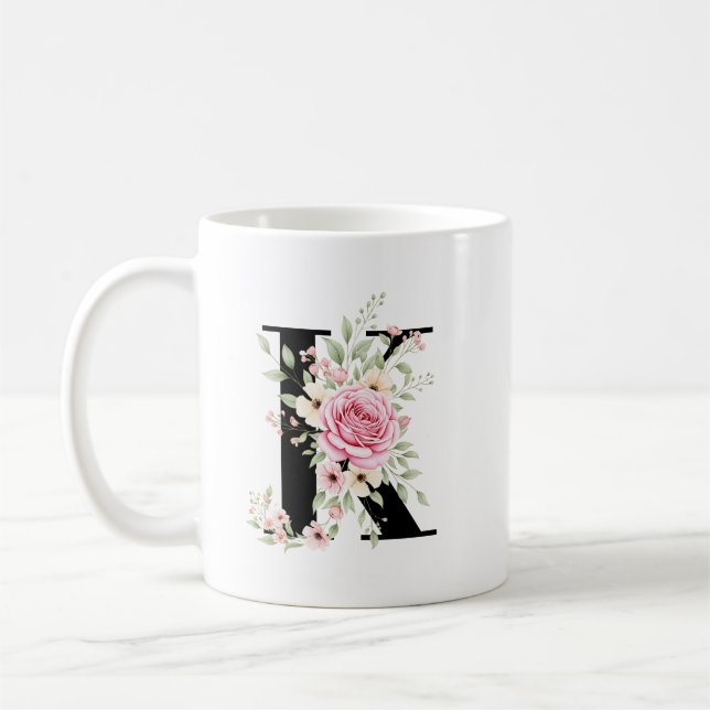 Elegant Alphabet Coffee Cup with Pink Rose Design (Left)