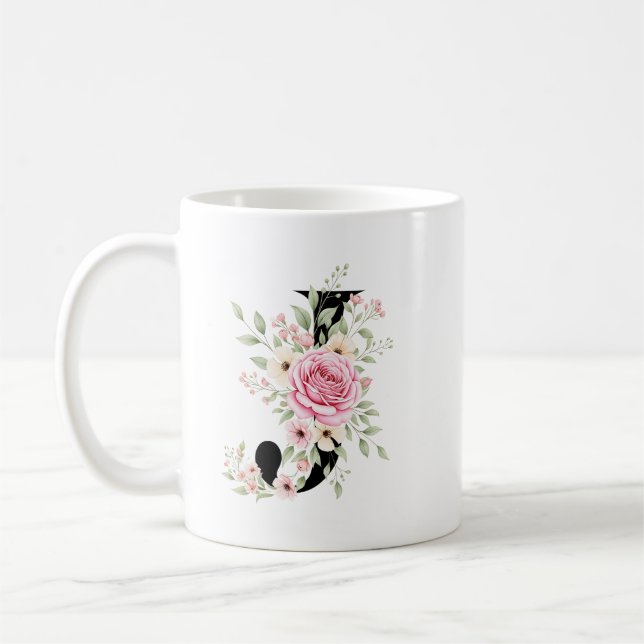 Elegant Alphabet Coffee Cup with Pink Rose Design (Left)