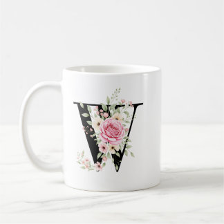 Elegant Alphabet Coffee Cup with Pink Rose Design