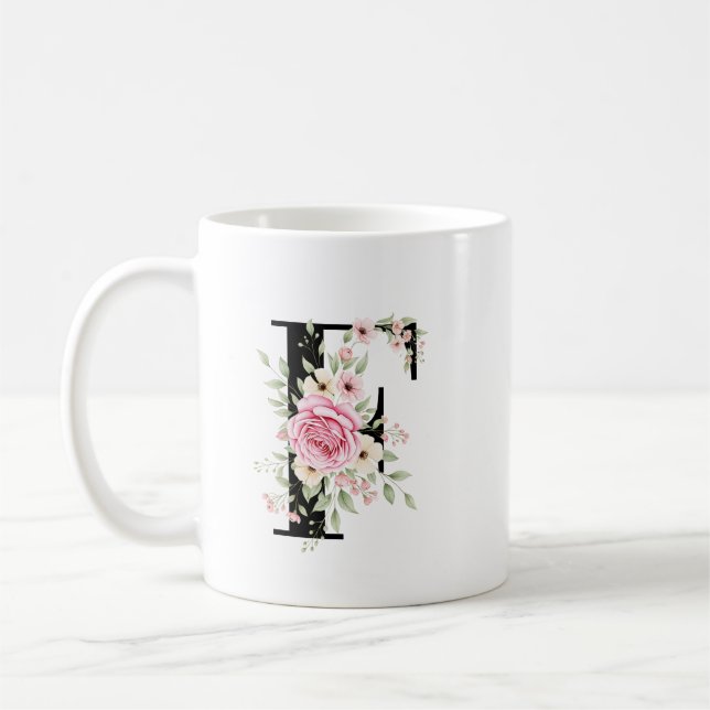 Elegant Alphabet Coffee Cup with Pink Rose Design (Left)