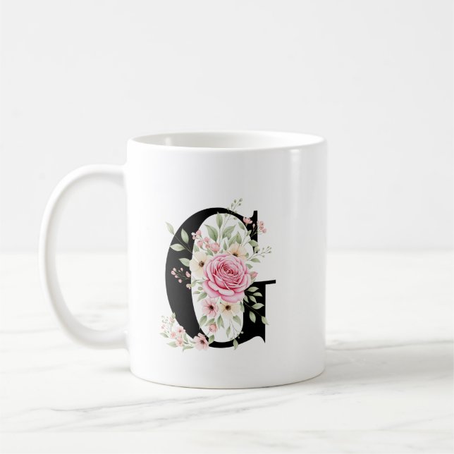 Elegant Alphabet Coffee Cup with Pink Rose Design (Left)