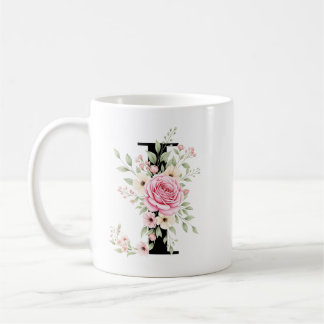 Elegant Alphabet Coffee Cup with Pink Rose Design