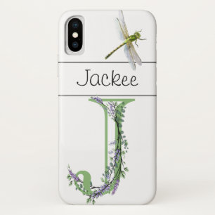 Elegant alphabet J Lavender Eucalyptus Dragonfly iPhone X Case