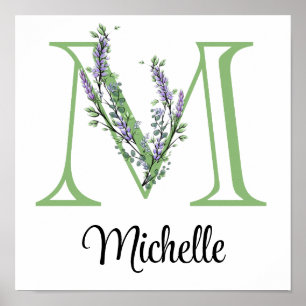 Elegant alphabet letter M Lavender Eucalyptus  Poster