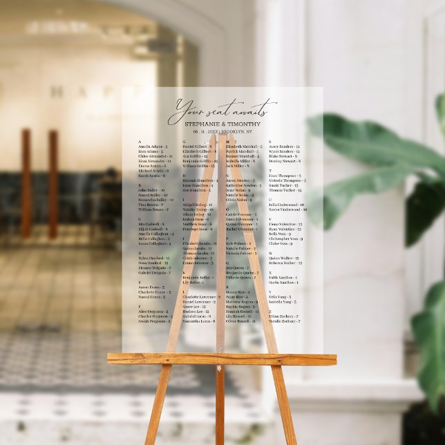 Elegant Alphabetical Wedding Seating  Acrylic Sign (Ensure your guests can easily find their seats with our alphabetically organized guest list chart.)