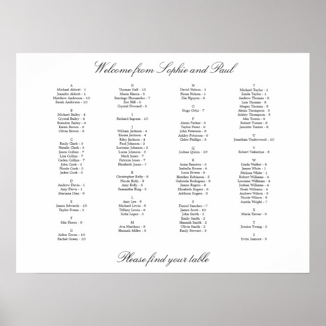 Elegant Alphabetical Wedding Seating Chart (Front)