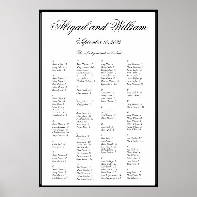 Elegant Alphabetical Wedding Seating Chart (Front)
