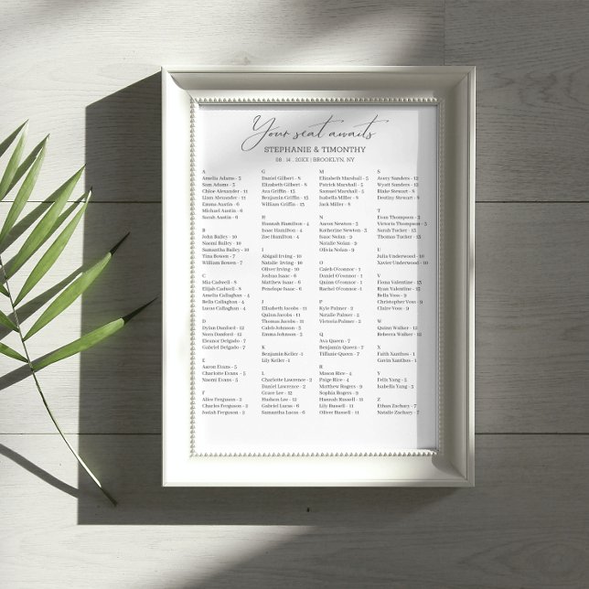 Elegant Alphabetical Wedding Seating Chart Poster (Ensure your guests can easily find their seats with our alphabetically organized guest list poster.)