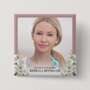 Elegant Always In Our Hearts Photo Floral Funeral 15 Cm Square Badge