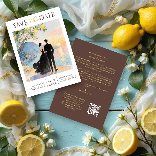 Elegant Amalfi Coast Lemon Tree Wedding Couple Save The Date (Elegant Amalfi Coast Lemon Tree Chic Wedding Couple Save the Date Cards with Back QR Code.)