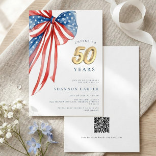 Elegant American Flag Patriotic Bow 50th Birthday Invitation