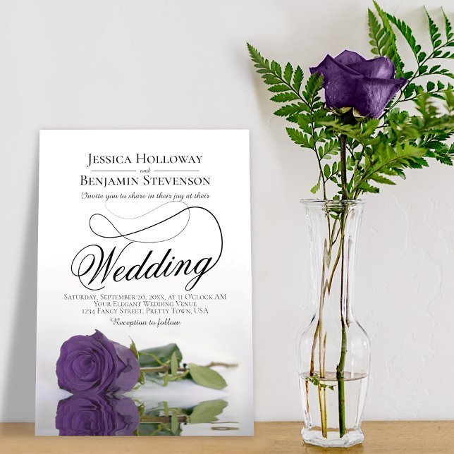 Elegant Amethyst Purple Rose Classy Script Wedding Invitation (Creator Uploaded)