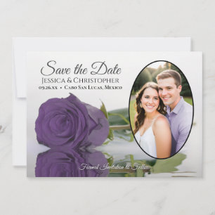 Elegant Amethyst Purple Rose & Oval Photo Wedding Save The Date